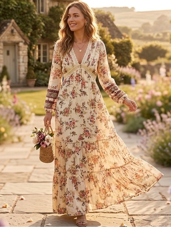 A Collective Story Dresses & Skirts - A Collective Story Floral Maxi Dress Lace Trim Tiered Boho Cottagecore M NWT